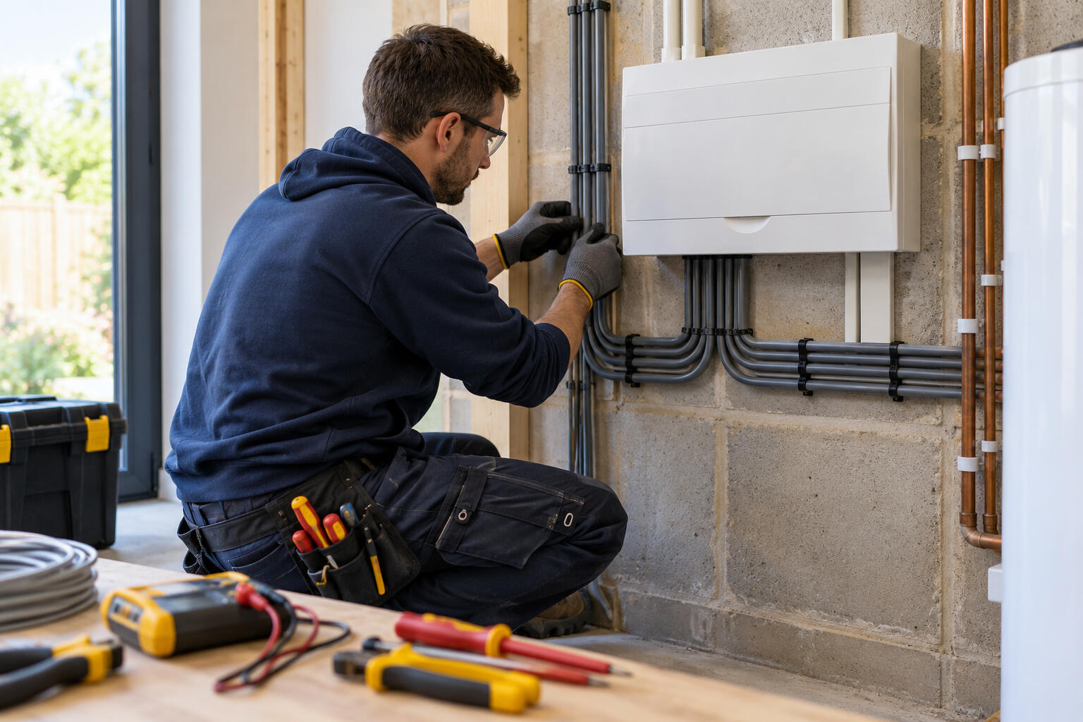 AI-generated illustrative electrician organising cable runs beside a closed consumer unit.